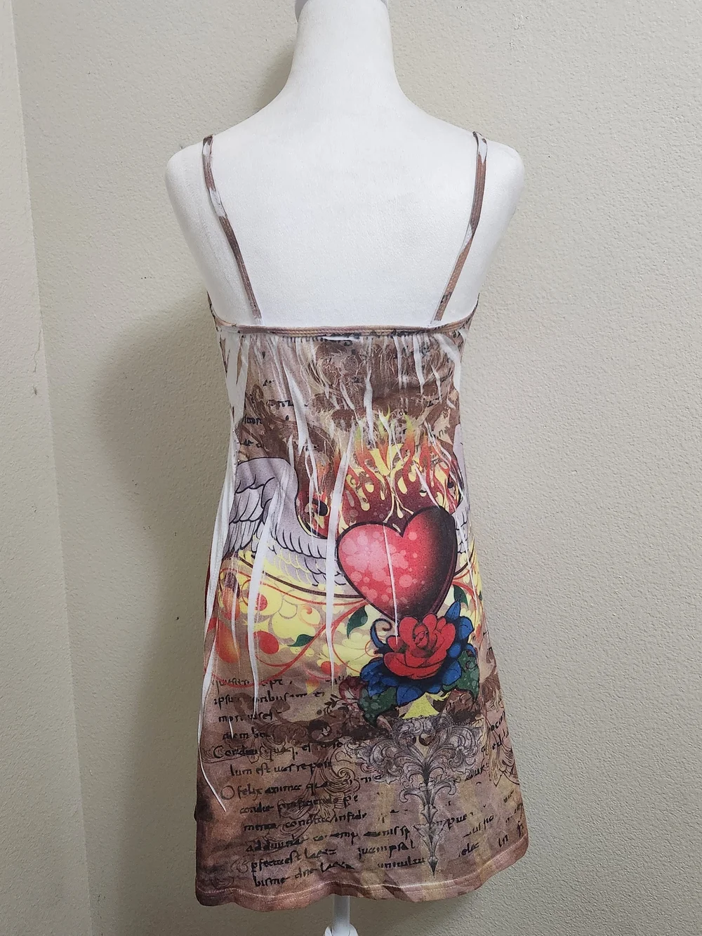 Y2K Babydoll Tatoo Mini Dresses Heart Rhinestone Ed Hardy Style Paper Thin Beach